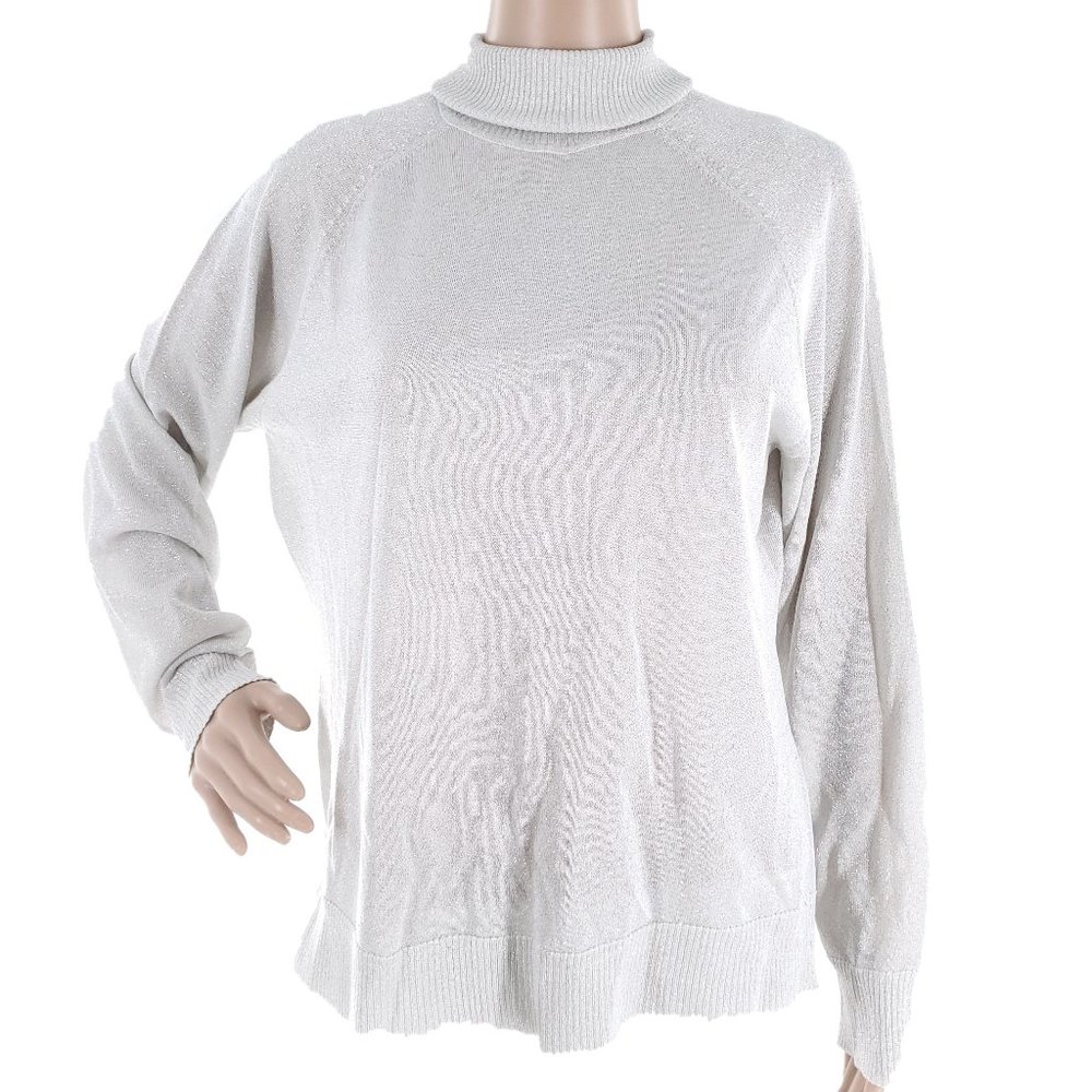 Pursuits Women Sweater Knit Turtleneck Metallic Silk Blend Gray Size L